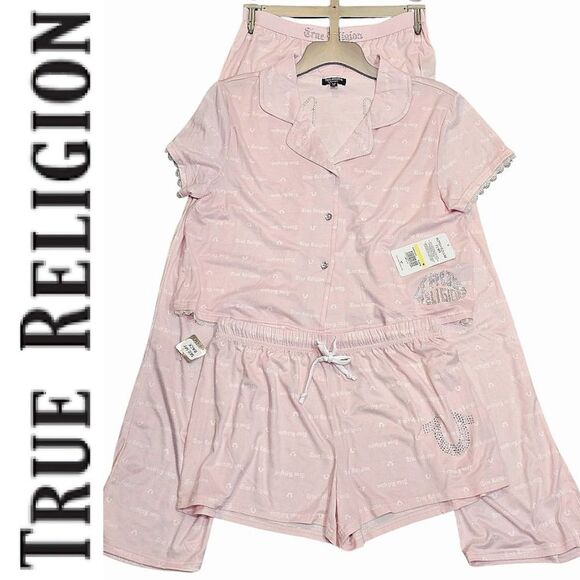 True Religion 3-PC Rhinestone Logo/Floral Mesh Horseshoe Sleepwear Set- Pink
